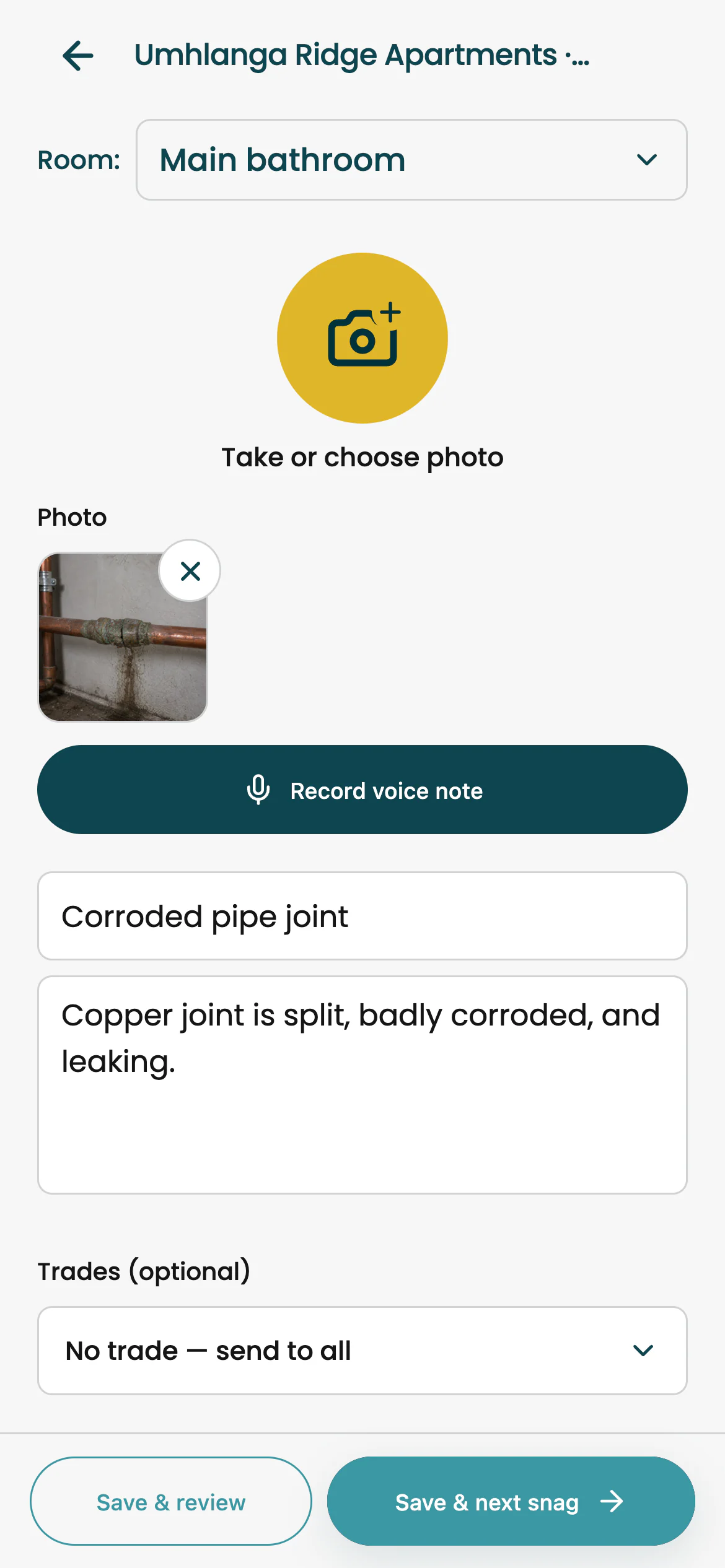 Snag capture form ready for a new site issue